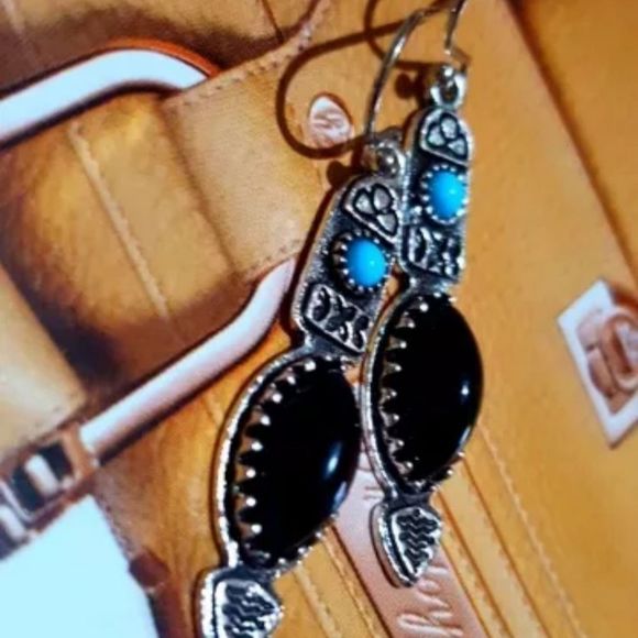 Silver Aztec or native style faux lapis Lazuli and turquoise boho drop earrings - Picture 3 of 5